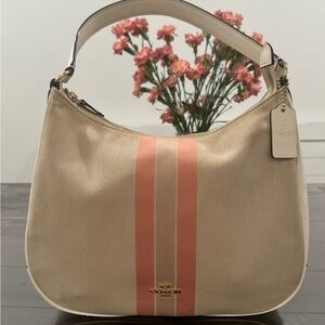 Coach Beige and Coral Stripe Shoulder Bag
